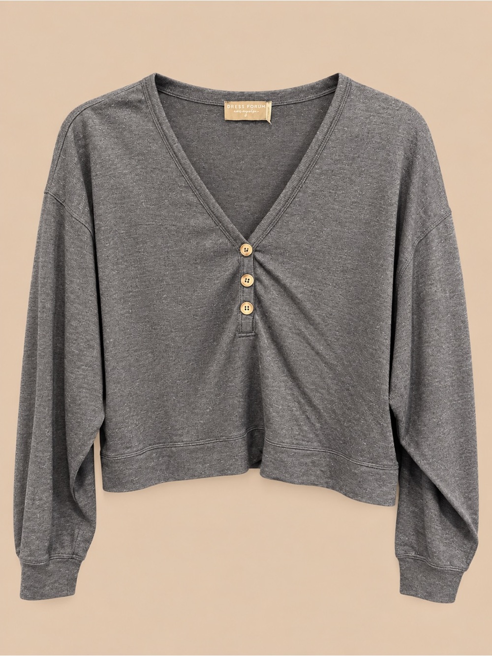 Dress Forum Gray Cropped V Neck Henley Top Long Sleeve Size S
